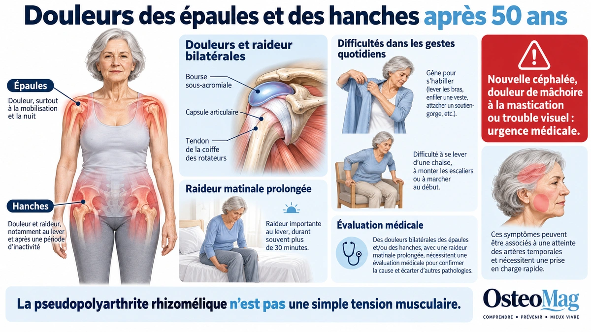 Douleurs bilatérales des épaules et hanches après 50 ans, raideur et alertes d’artérite.
