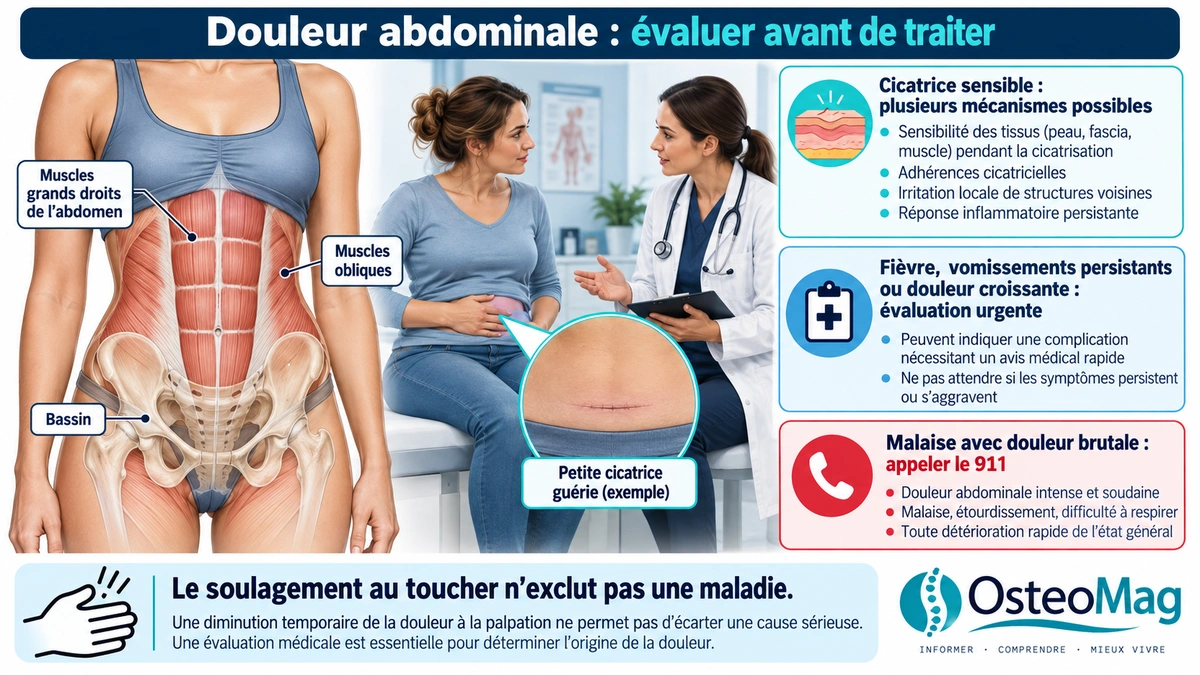 Muscles abdominaux, bassin, cicatrice et signes nécessitant une évaluation urgente.