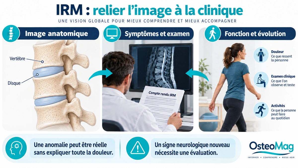 Vertèbres et disques schématiques, lecture d’une IRM et évaluation de la fonction.
