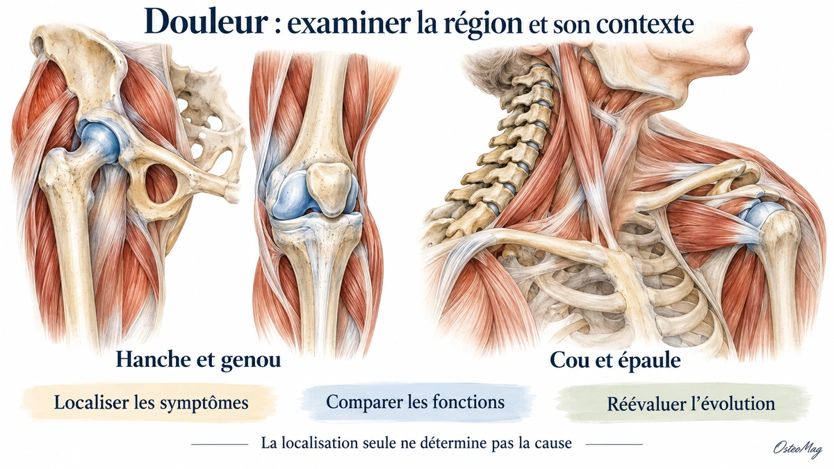Illustration anatomique de la hanche, du genou, du cou et de l’épaule pour expliquer l’examen régional, signée OsteoMag.
