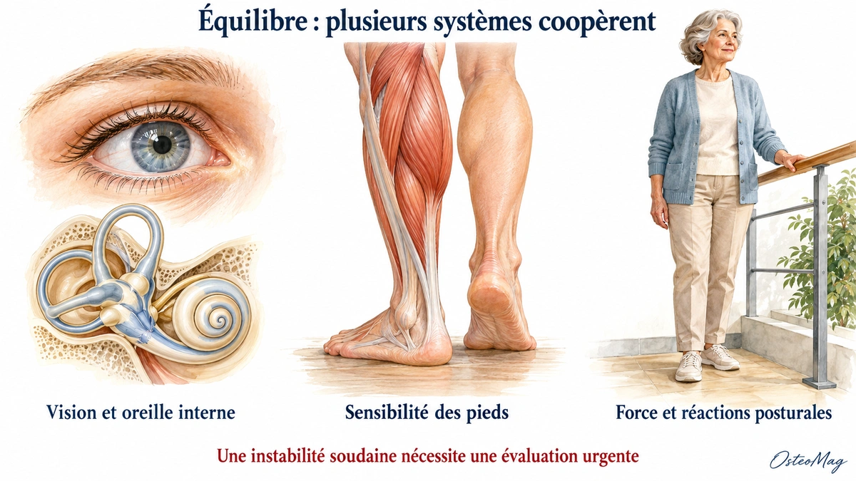 Planche montrant vision, oreille interne, pieds et personne âgée près d’une rampe, signée OsteoMag.