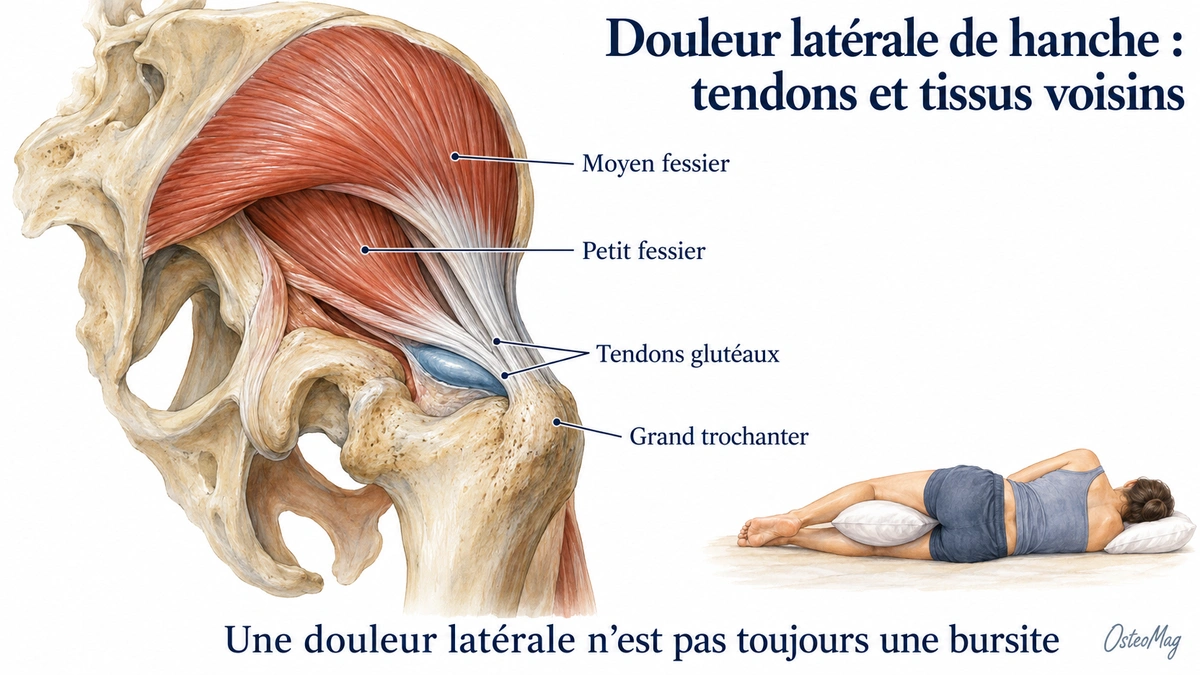 Planche anatomique simplifiée des muscles moyen et petit fessiers, des tendons glutéaux et du grand trochanter, signée OsteoMag.