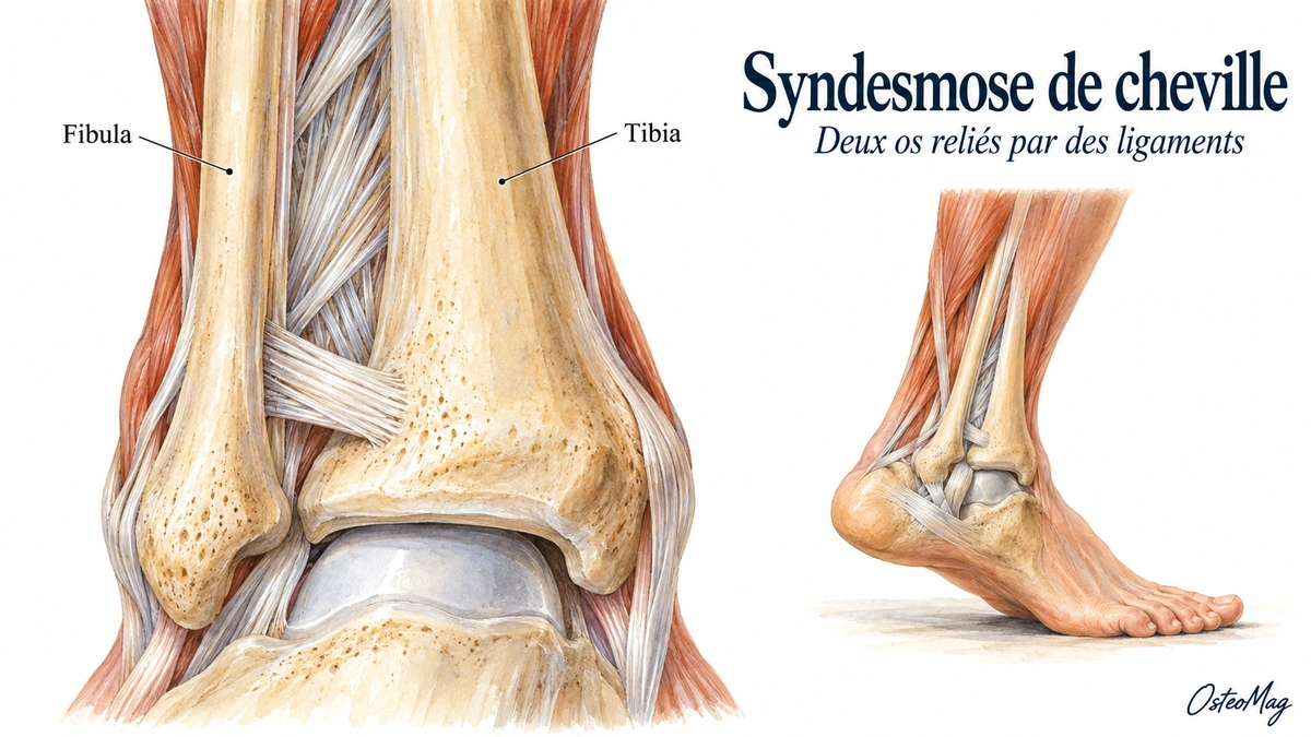 Illustration anatomique simplifiée du tibia, de la fibula et des ligaments de la syndesmose, signée OsteoMag.