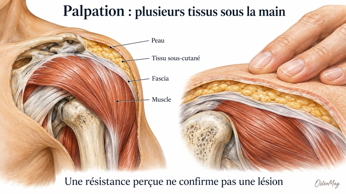 Planche anatomique montrant peau, tissu sous-cutané, fascia et muscle sous une main qui palpe, signée OsteoMag.