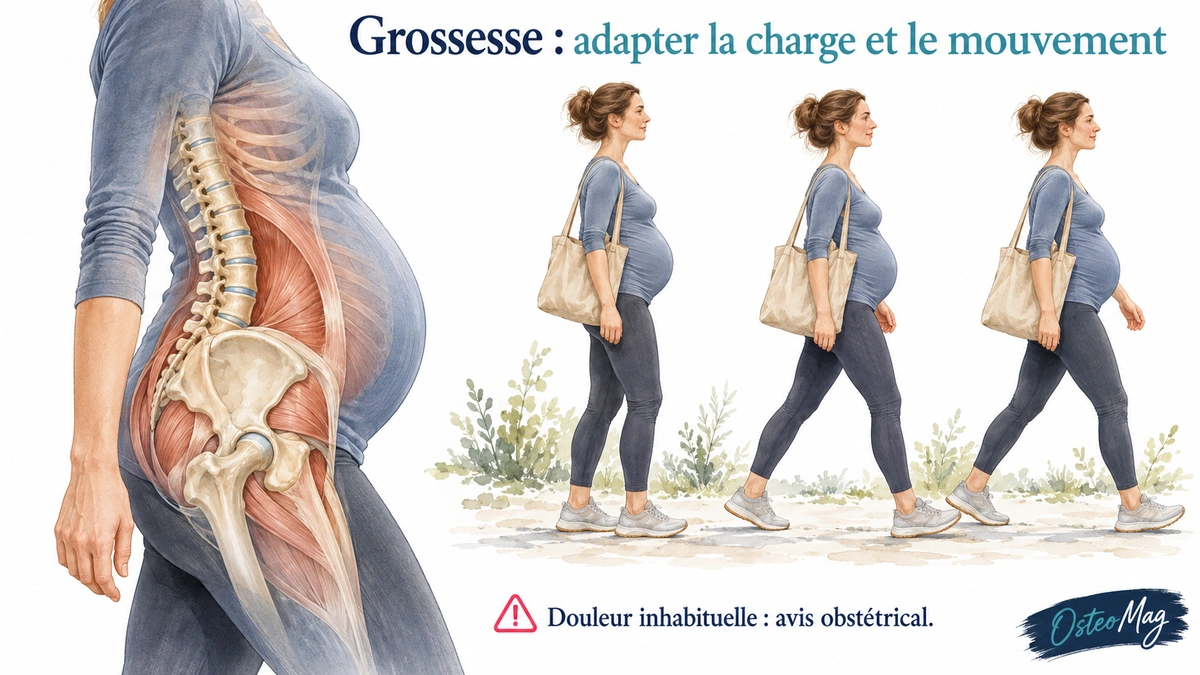 Femme enceinte marchant et vue en transparence de la région lombopelvienne