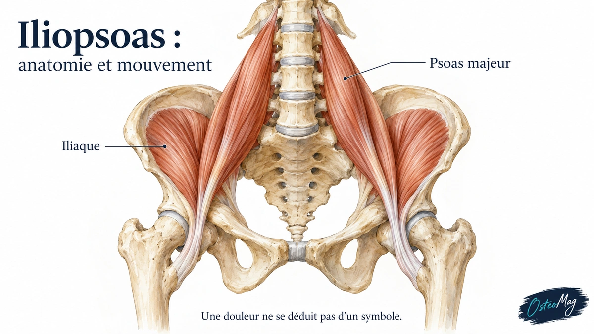 Schéma anatomique montrant le muscle psoas majeur et le muscle iliaque autour de la hanche.