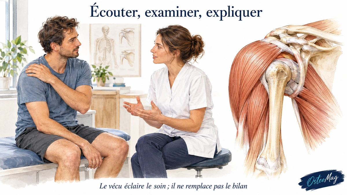 Patient et praticienne en discussion avec étude anatomique simplifiée de l’épaule