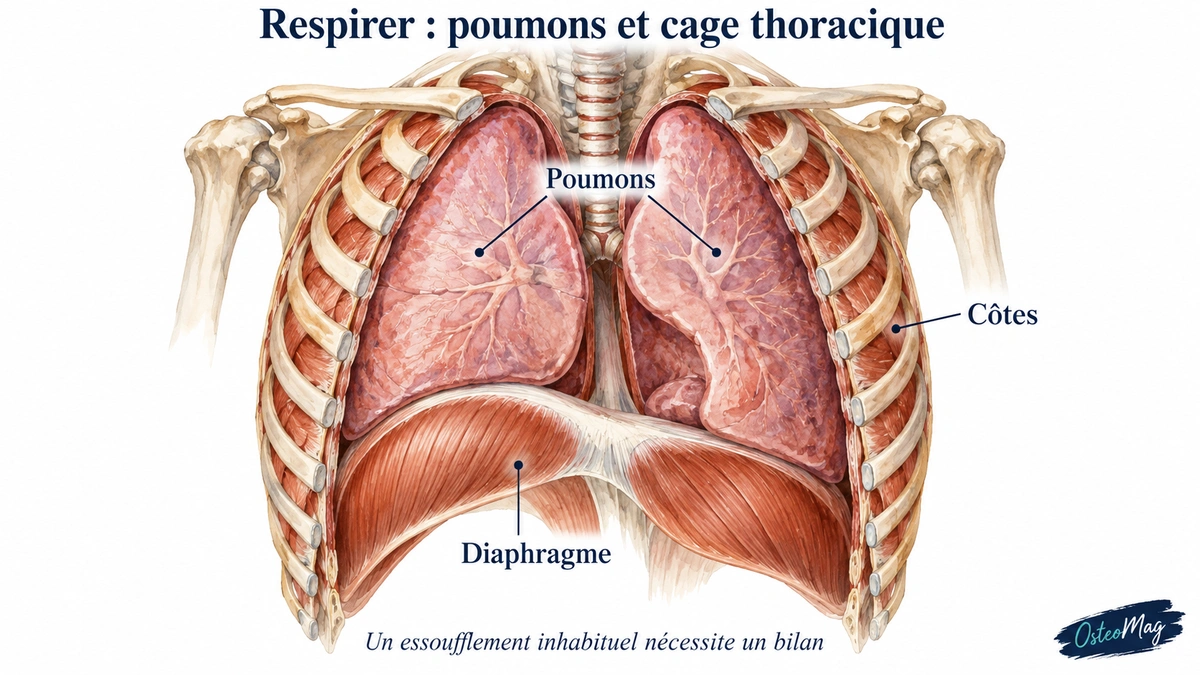 Poumons, côtes et diaphragme dans une illustration anatomique simplifiée