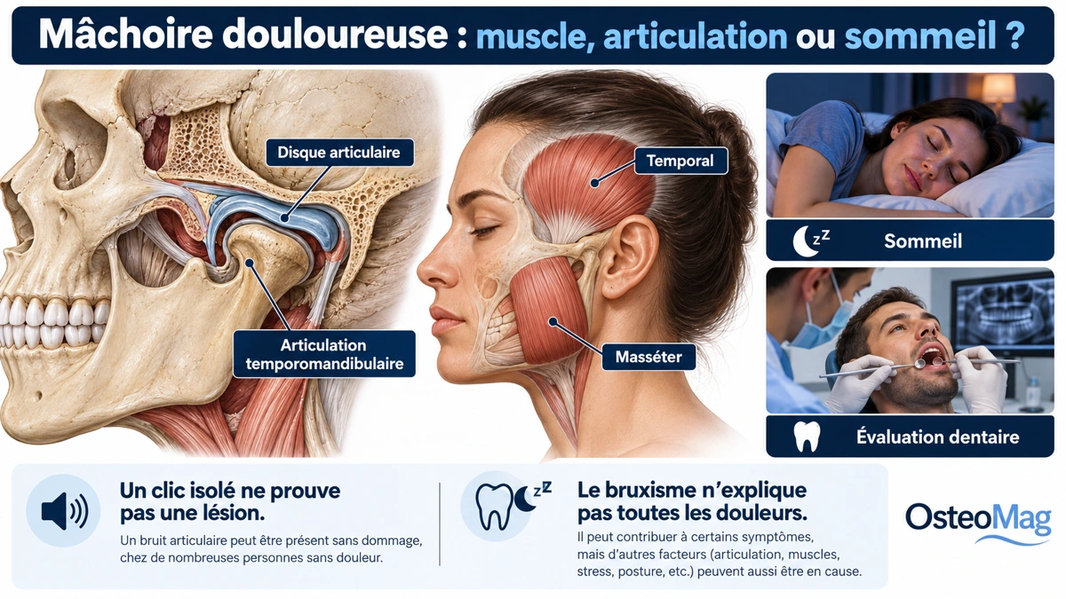 Articulation temporomandibulaire et disque, masséter, temporal, sommeil et évaluation dentaire.