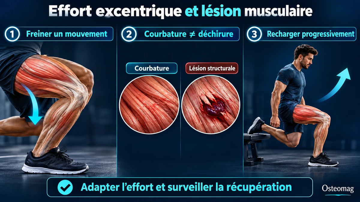 Freinage excentrique, courbature distincte d’une lésion structurale et renforcement progressif.