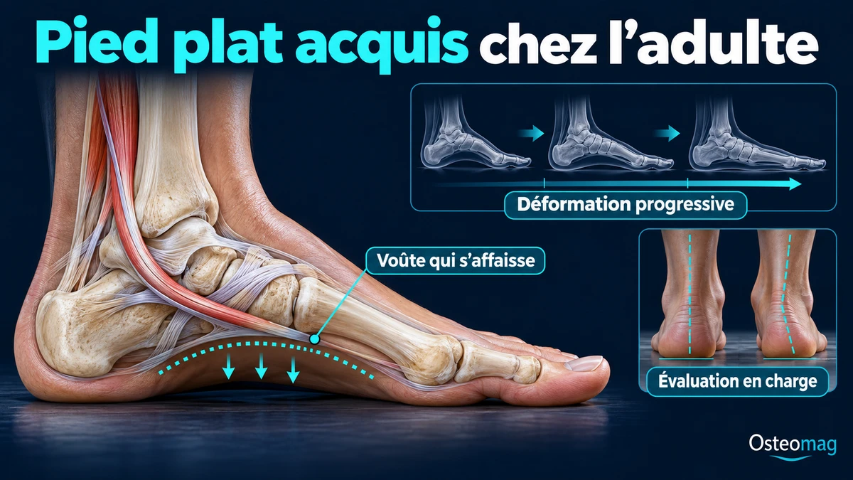 Voûte du pied affaissée, déformation progressive et évaluation debout des talons.
