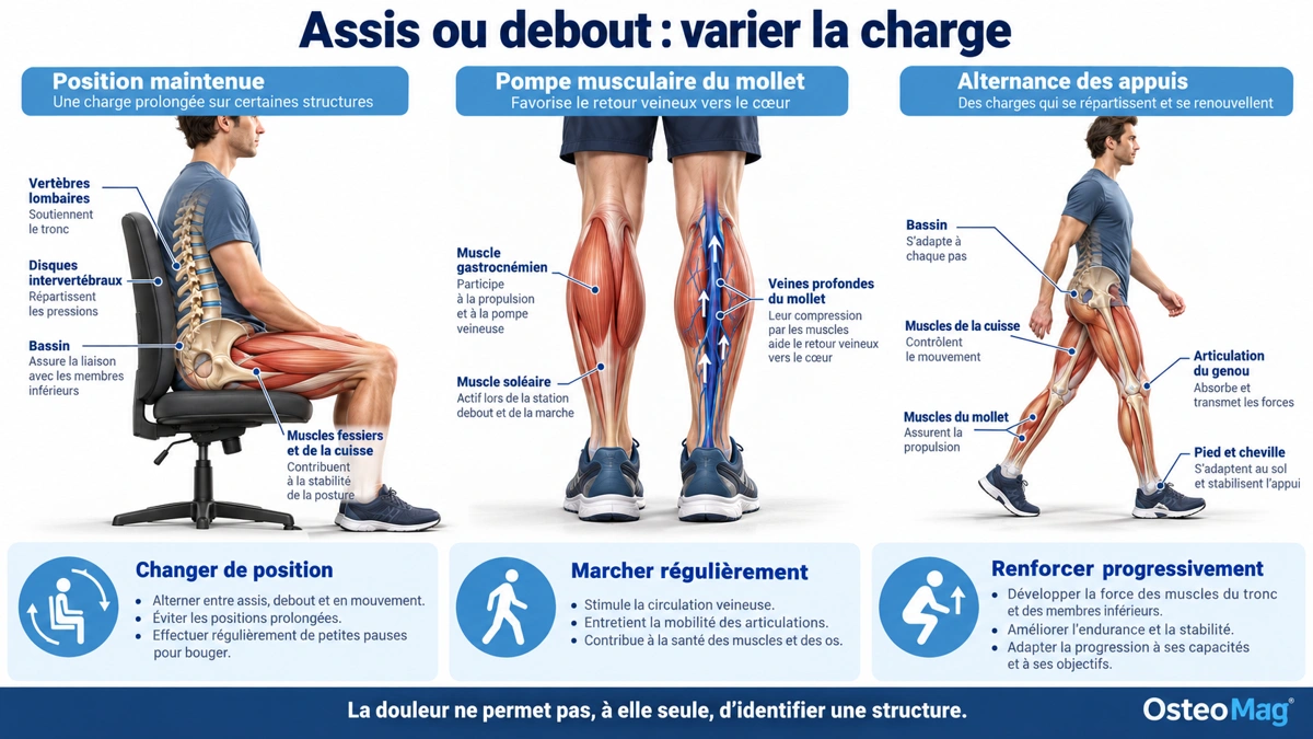 Illustrations de la position assise, de la pompe musculaire du mollet et de la marche.