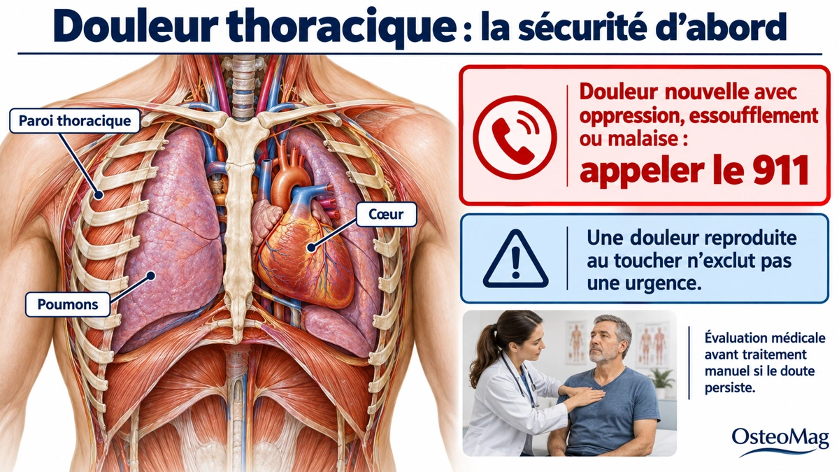 Paroi thoracique, cœur et poumons, avec consigne d’appeler le 911 pour une douleur nouvelle avec oppression, essoufflement ou malaise.