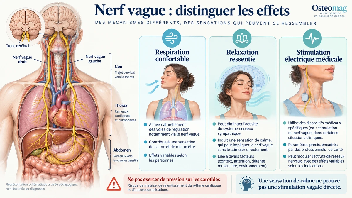 Trajet schématique du nerf vague et distinction entre respiration confortable, relaxation et stimulation électrique médicale.