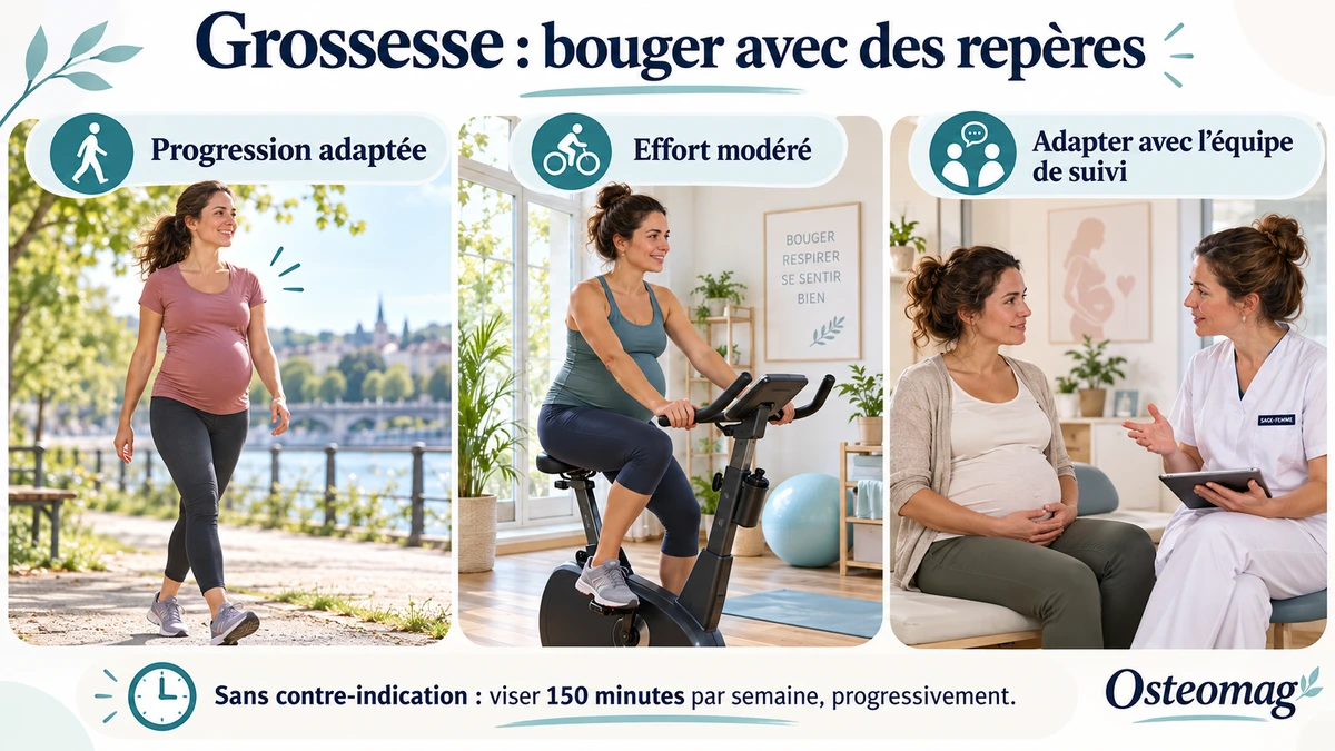 Activité physique adaptée pendant la grossesse avec marche, renforcement doux et repères de sécurité.
