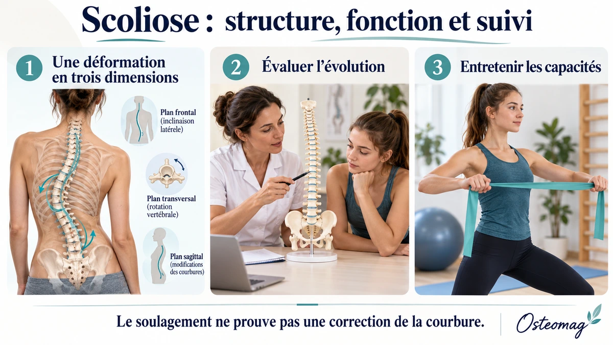 Anatomie de la colonne scoliotique, suivi spécialisé et exercices adaptés.