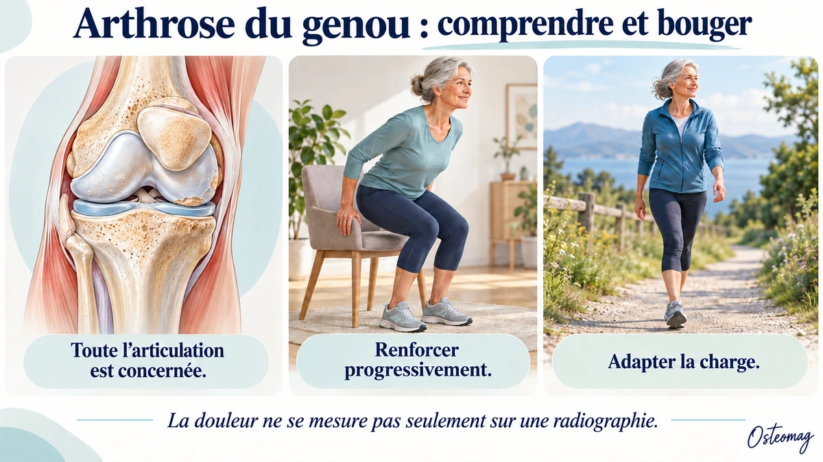 Structures du genou concernées par l’arthrose et reprise progressive du mouvement.