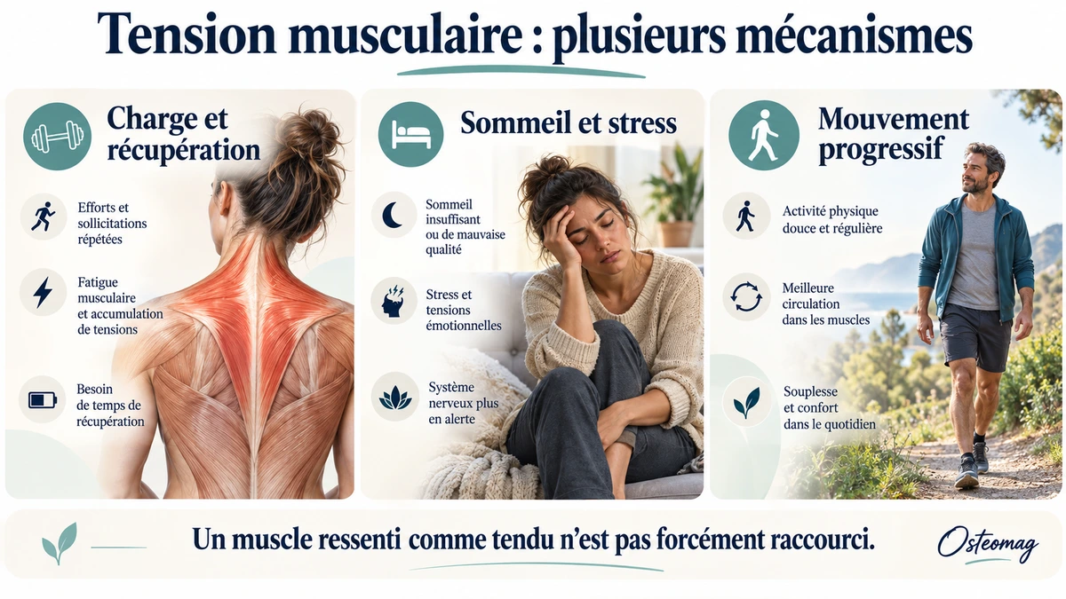 Muscles du dos et facteurs pouvant contribuer à une sensation de tension : charge, sommeil, stress et activité.