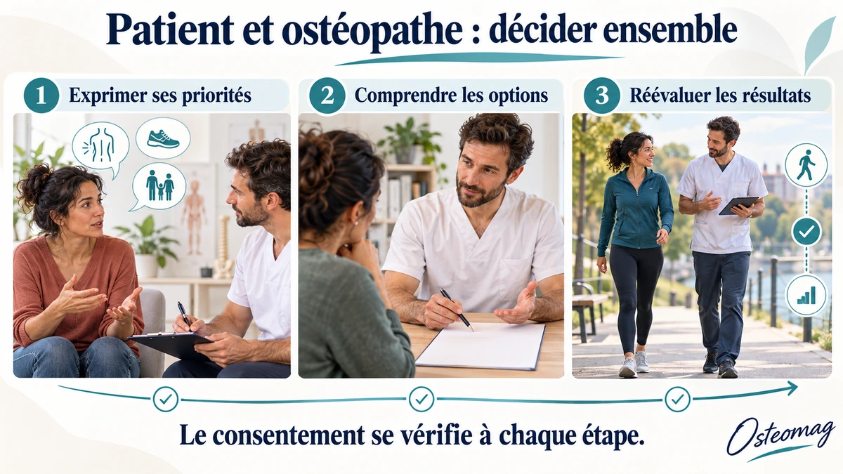 Patient et ostéopathe discutant des priorités, des options et de l’évolution fonctionnelle.