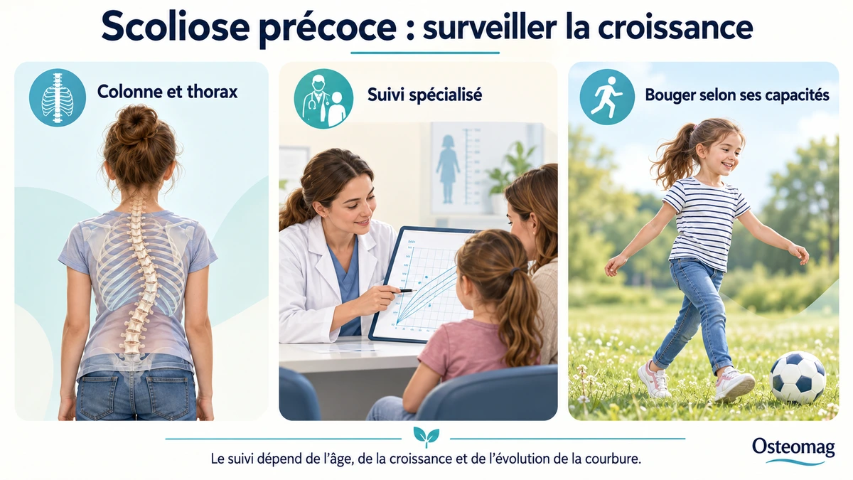 Scoliose chez un enfant, examen du dos et maintien des activités sous suivi spécialisé.