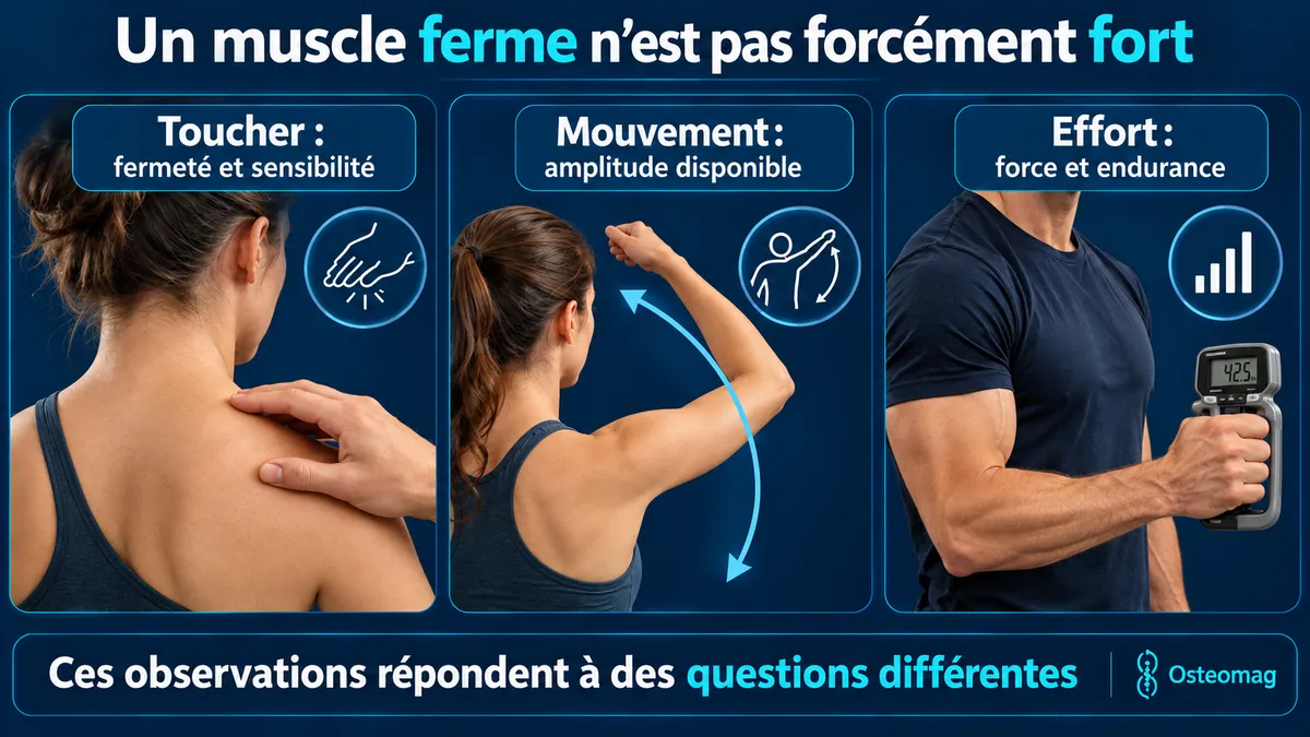 La palpation, l’amplitude d’un mouvement et un test de préhension explorent des caractéristiques distinctes.
