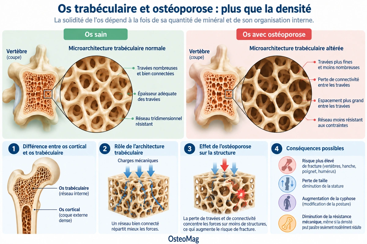 Comparaison schématique des travées osseuses saines et ostéoporotiques, de leur épaisseur et de leur connectivité.