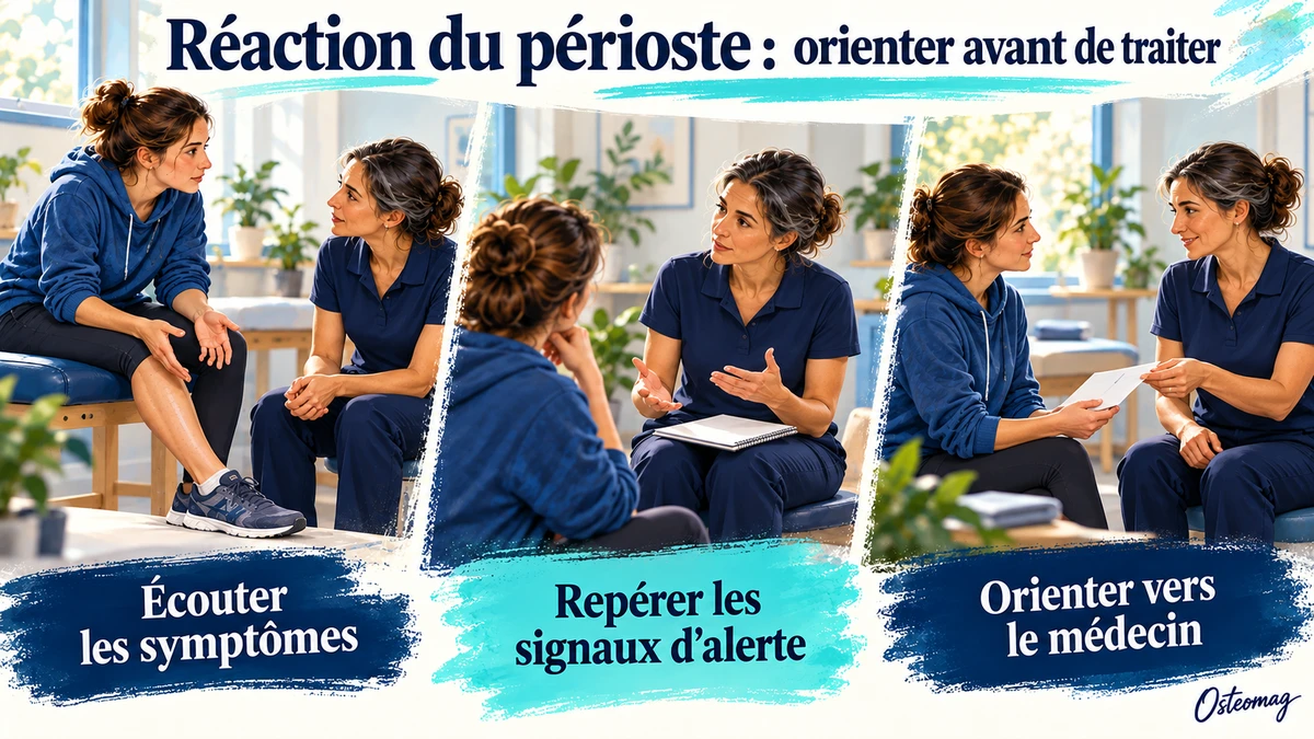 Une ostéopathe écoute une patiente, recherche les signes d’alerte et l’oriente vers un médecin avant tout traitement.