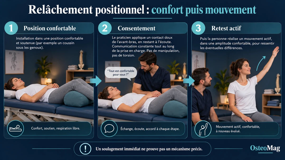 Relâchement positionnel : position soutenue confortable, accord du patient et réévaluation par un mouvement actif.