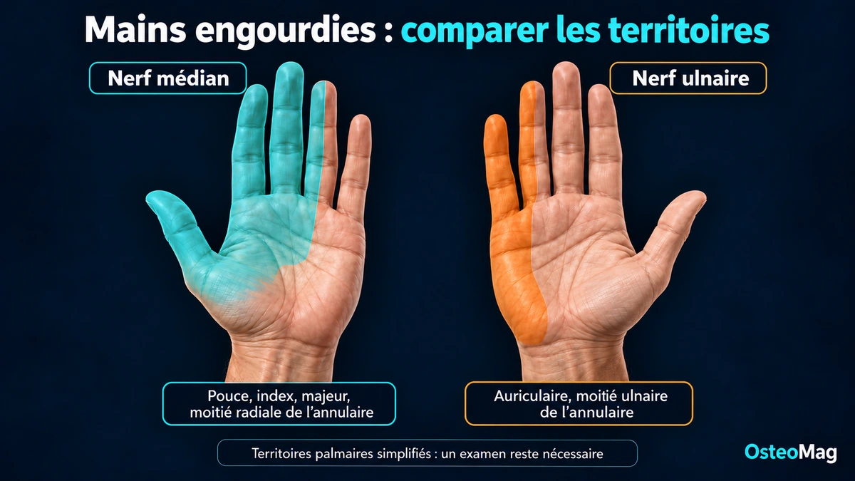 Territoires sensitifs palmaires : nerf médian en turquoise sur pouce, index, majeur et moitié radiale de l’annulaire; nerf ulnaire en orange sur auriculaire, moitié ulnaire de l’annulaire et bord ulnaire de la paume.