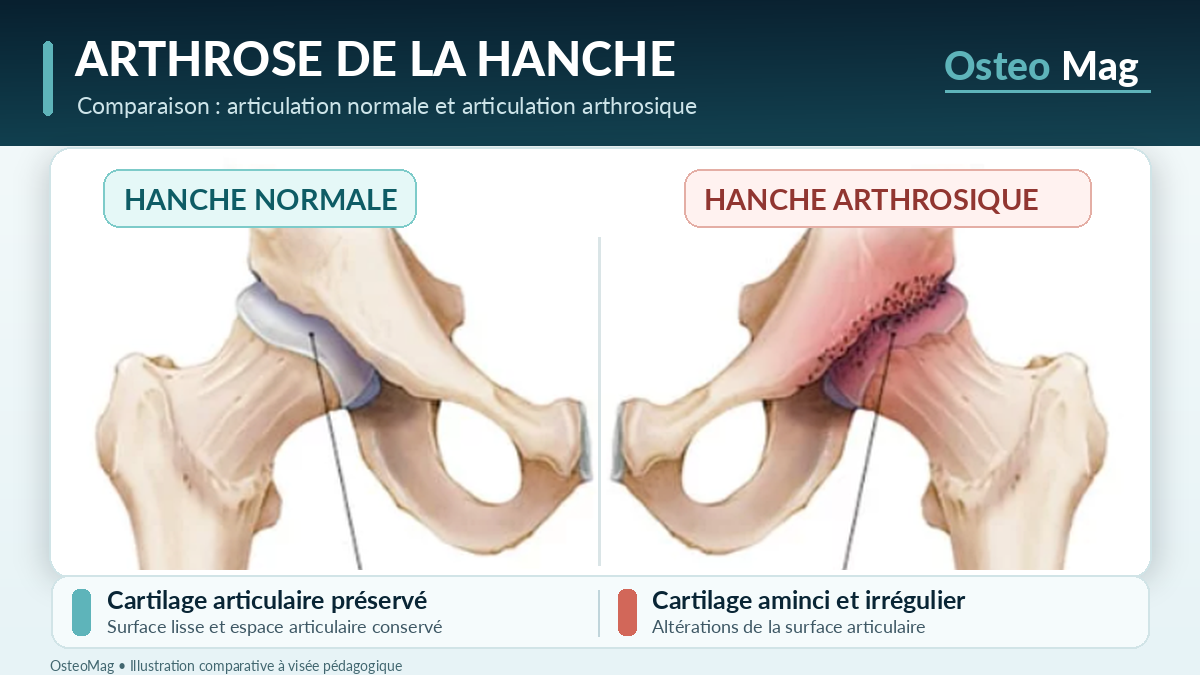 Comparaison d’une hanche normale au cartilage préservé et d’une hanche arthrosique au cartilage aminci et irrégulier.