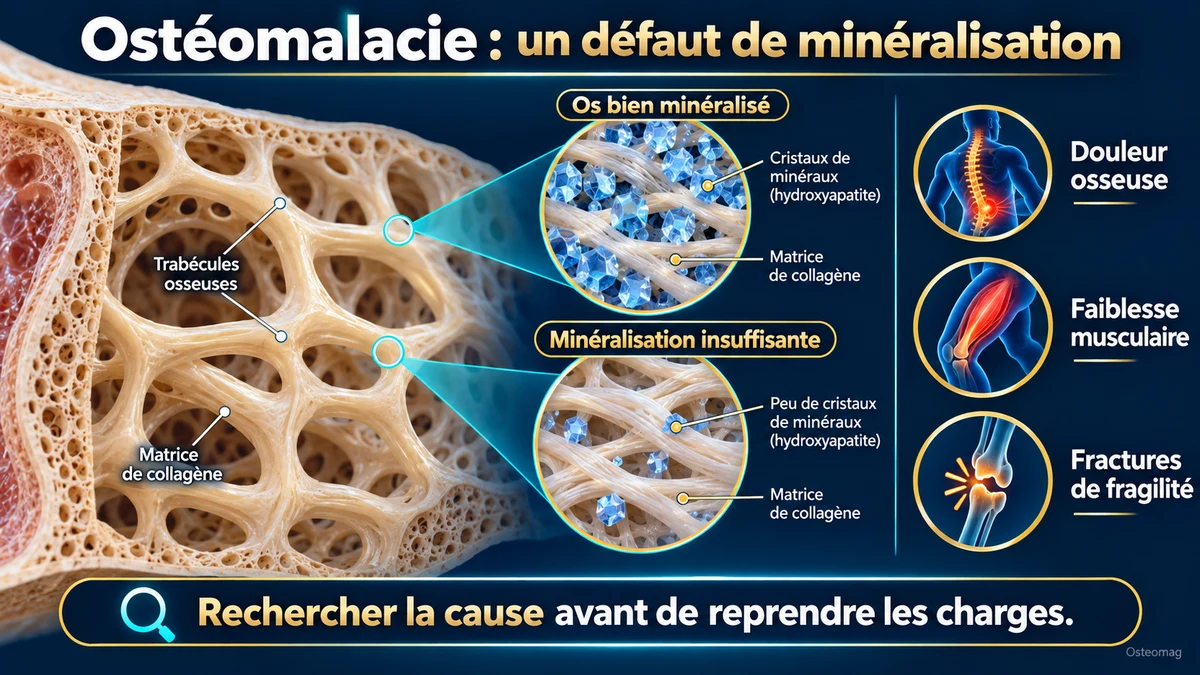 Comparaison schématique d’un os bien minéralisé et d’une minéralisation insuffisante dans l’ostéomalacie.