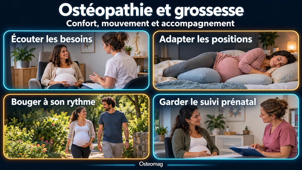 Quatre repères pendant la grossesse : écouter les besoins, adapter les positions, bouger à son rythme et garder le suivi prénatal.