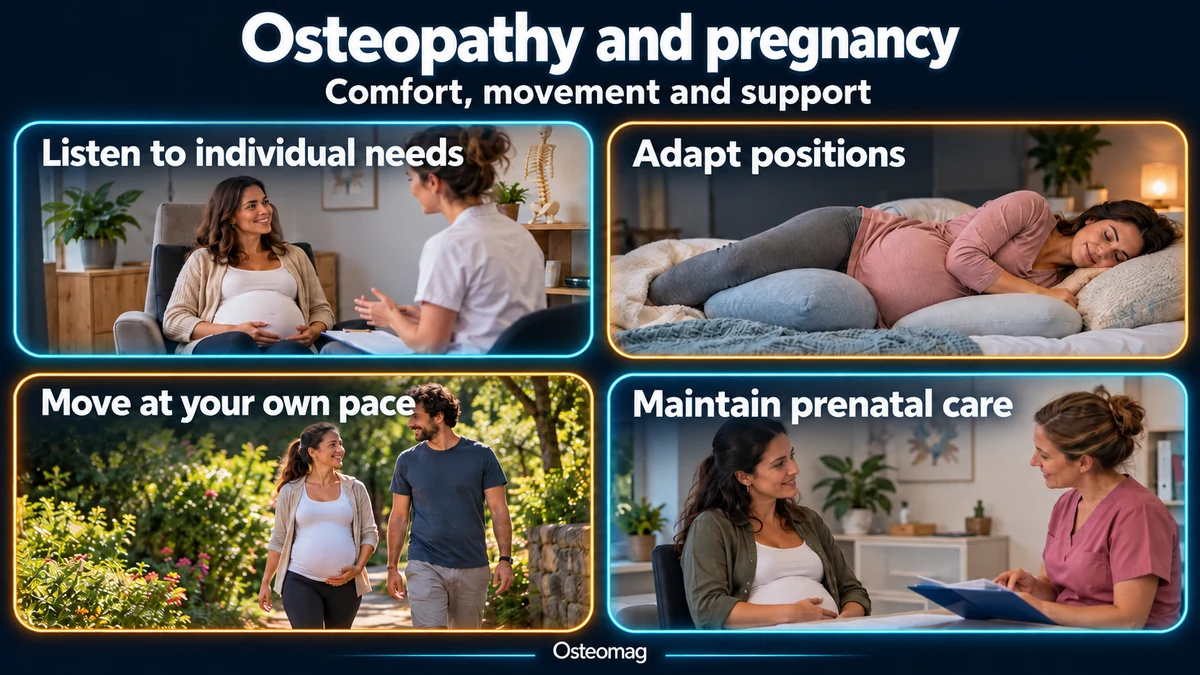 Osteopathy and pregnancy: listen to individual needs, adapt positions, move at your own pace and maintain prenatal care.