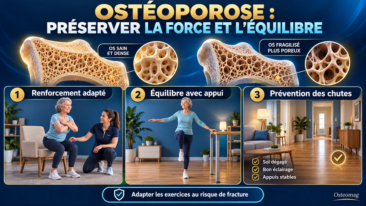 Schéma comparant un os dense et un os fragilisé, avec renforcement adapté, équilibre avec appui et prévention des chutes.