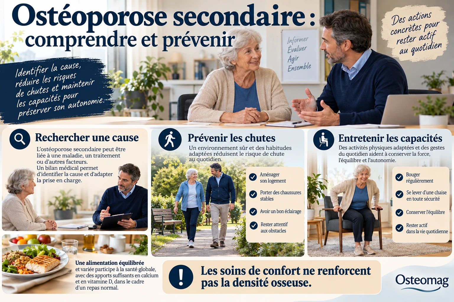 Consultation et prévention de la fragilité osseuse : rechercher une cause, prévenir les chutes et entretenir les capacités.