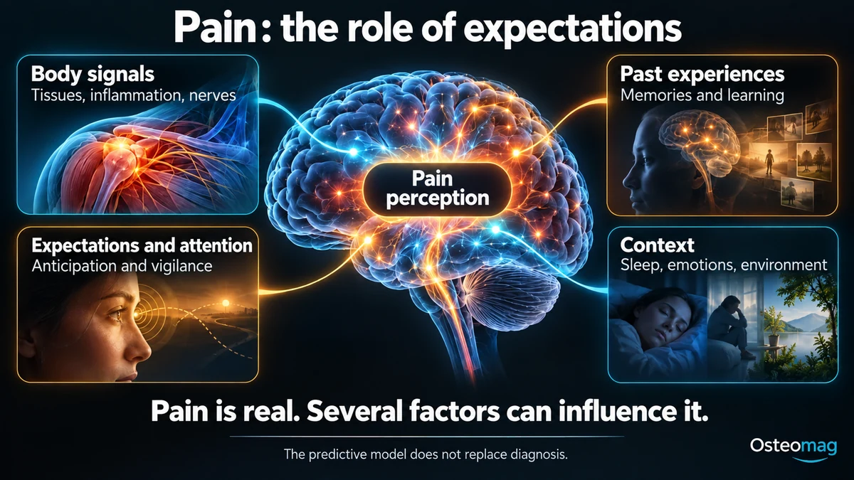 Body signals, past experiences, expectations, attention and context are shown as possible influences on pain perception.