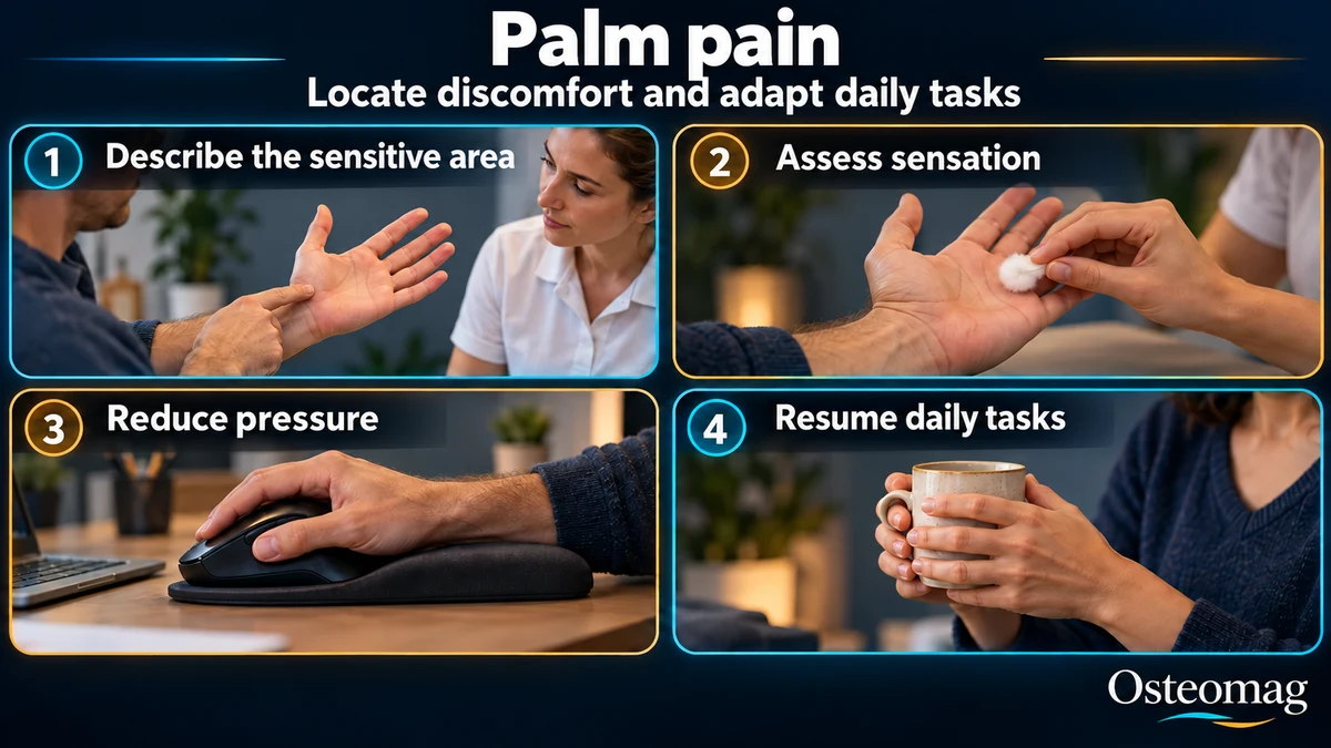 Four scenes: indicating the sensitive area near the base of the thumb, gently examining skin sensation, adapting pressure on a desk, and resuming a movement with a cup.