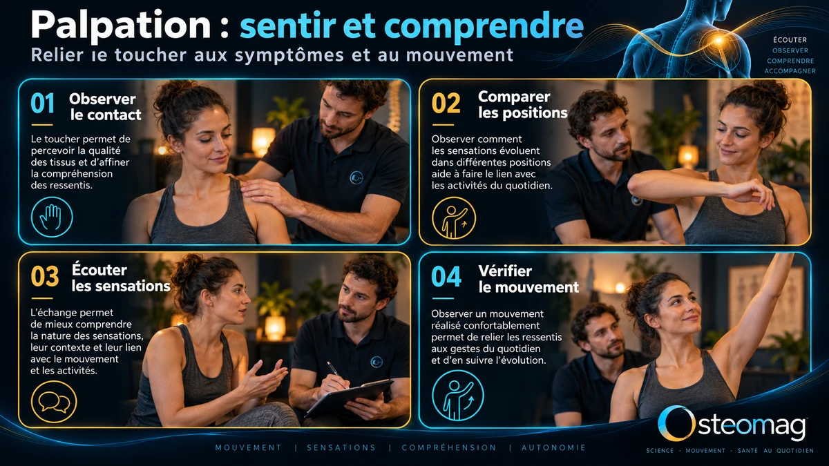 Quatre panneaux illustrent un contact doux à l’épaule, la comparaison des positions, l’écoute des sensations et un mouvement du bras.
