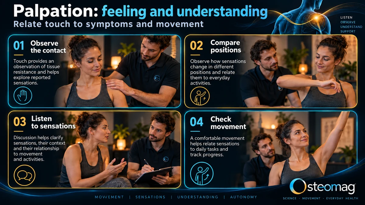 Four panels illustrate gentle contact with the shoulder, comparison of positions, listening to sensations, and arm movement.