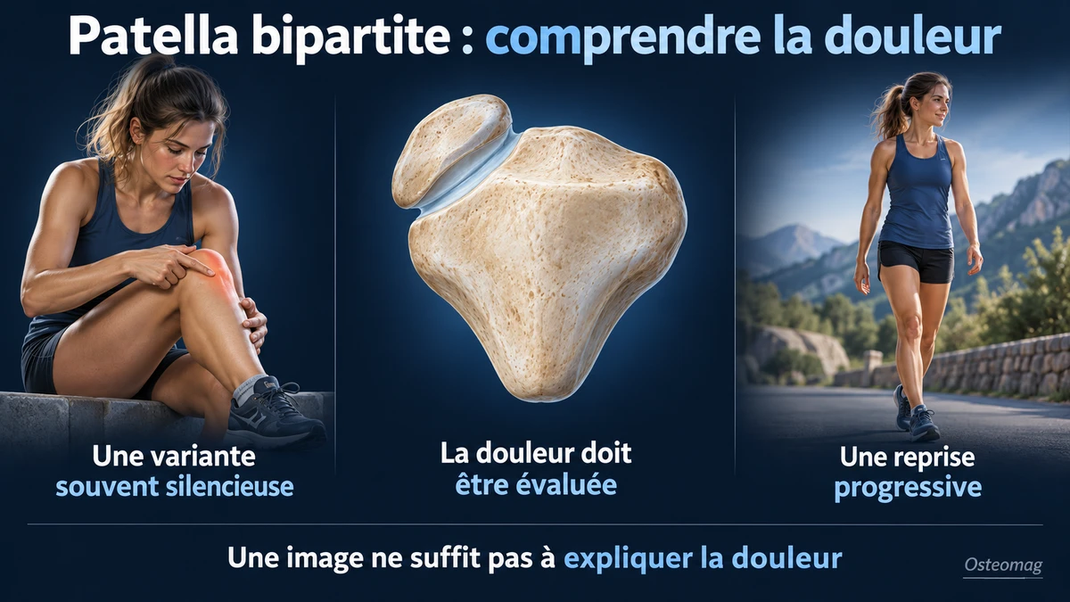 Patella bipartite : fragment accessoire de la rotule, évaluation de la douleur et reprise progressive.