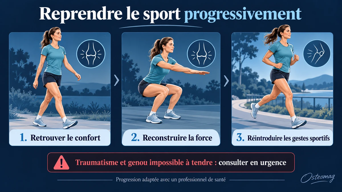 Reprise sportive progressive : marche, renforcement et course, avec rappel des signes urgents après traumatisme.