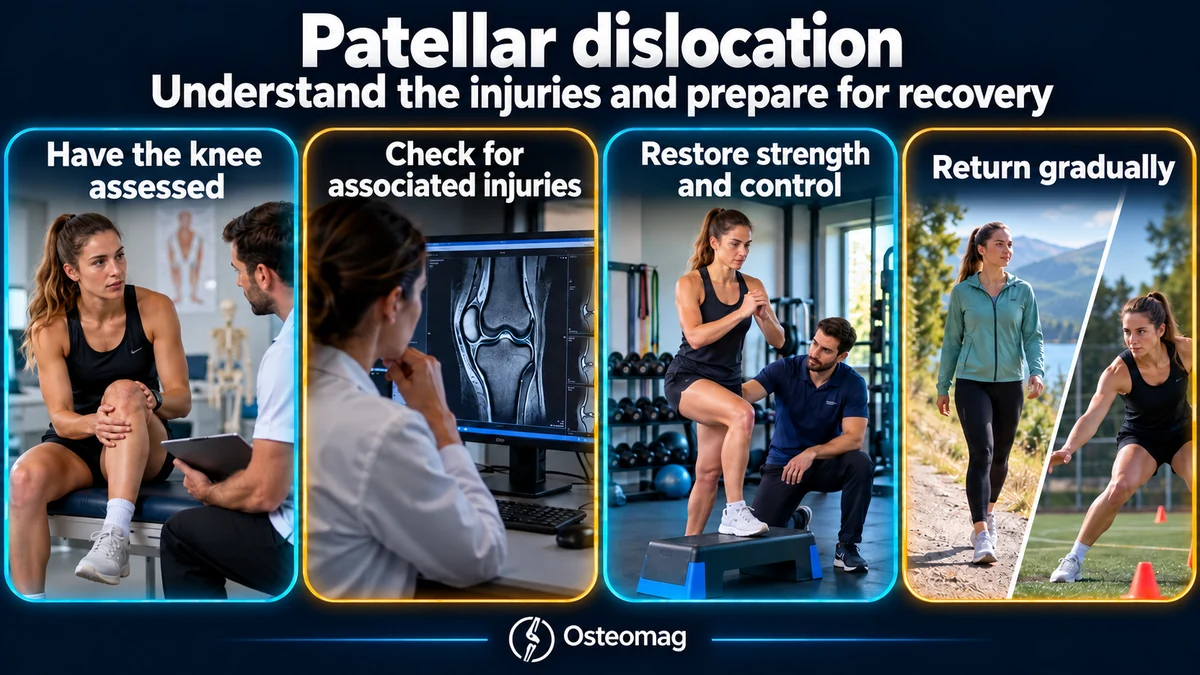 After a patellar dislocation: have the knee assessed, check for associated injuries, restore strength and control, and return gradually.