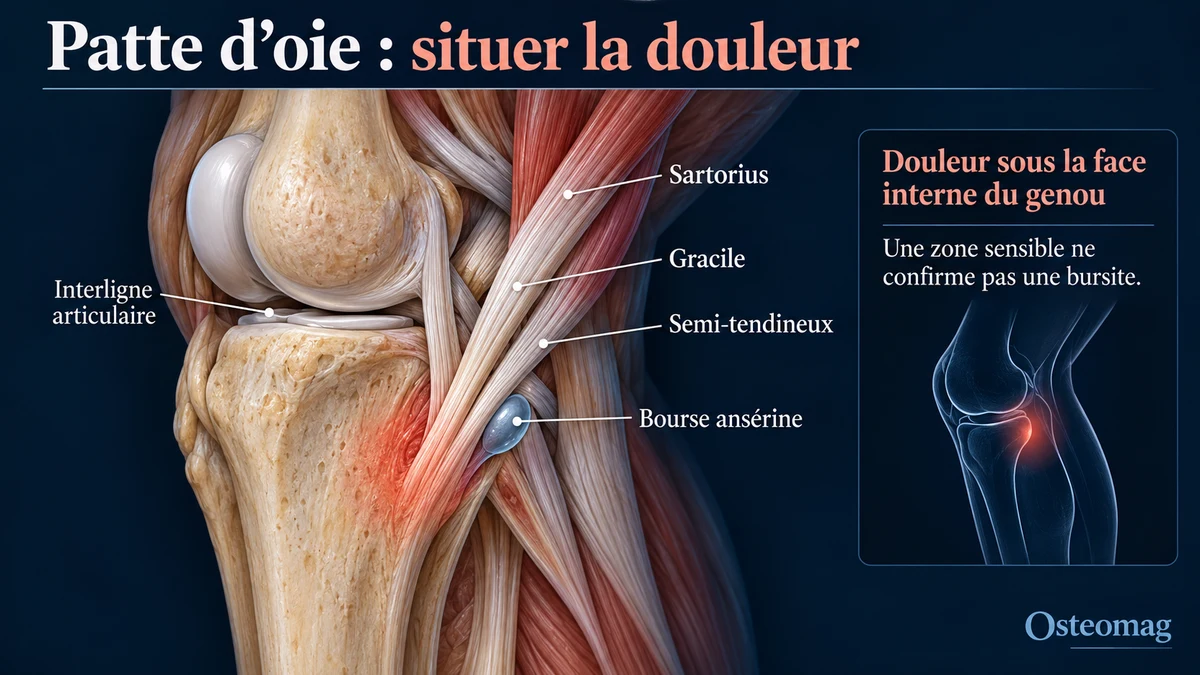 Illustration schématique des tendons de la patte d’oie et de la bourse ansérine sous la face interne du genou.