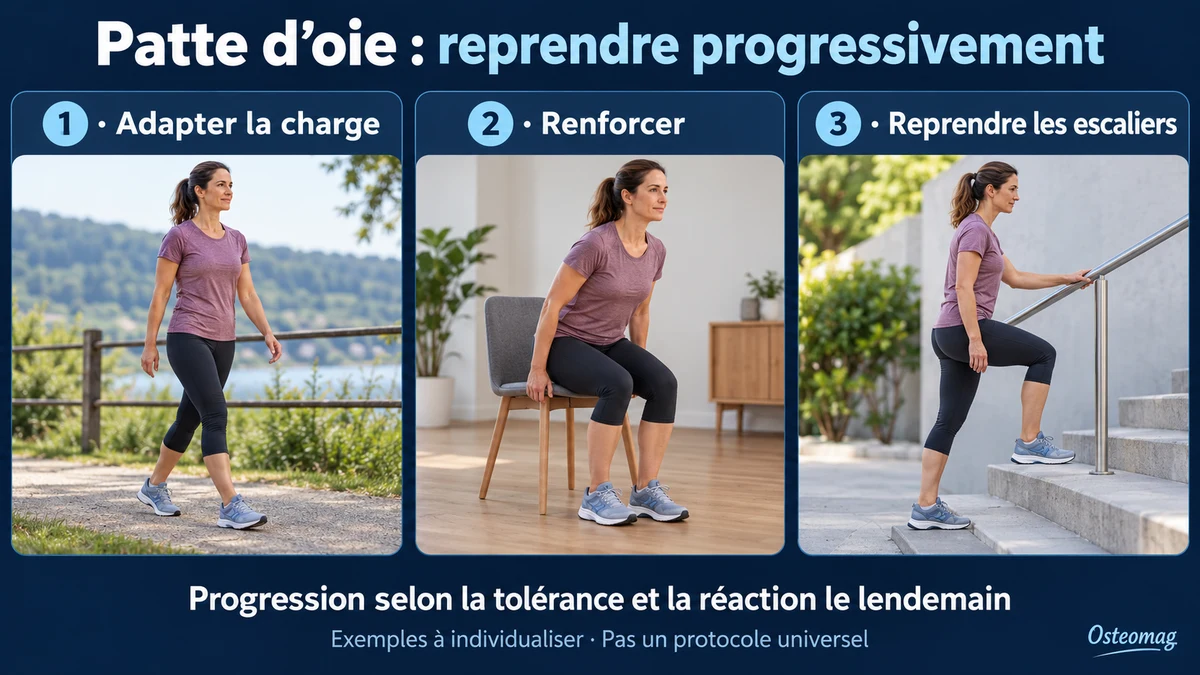 Trois exemples de reprise progressive : marche, lever de chaise et escaliers avec rampe.