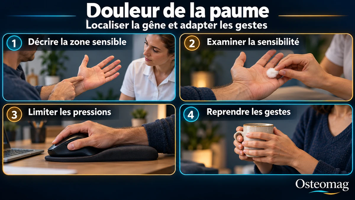 Quatre scènes : montrer la zone sensible près de la base du pouce, examiner doucement la sensibilité cutanée, adapter un appui de bureau et reprendre un geste avec une tasse.