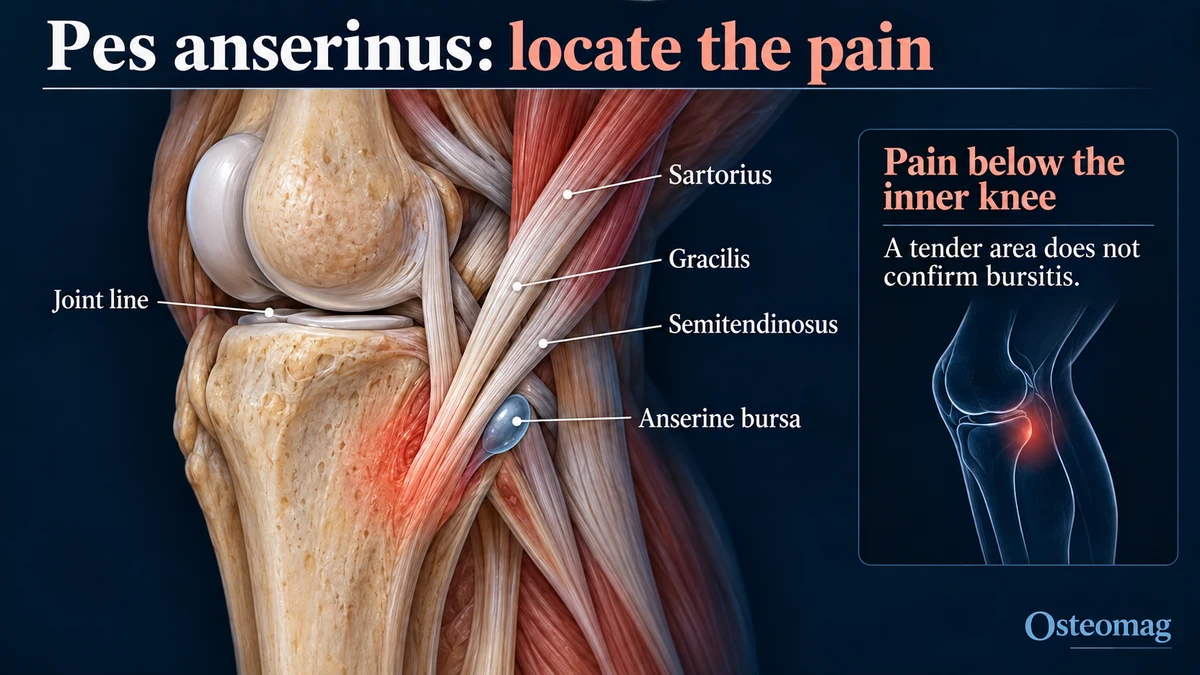 Schematic illustration of the pes anserinus tendons and anserine bursa below the inner knee.