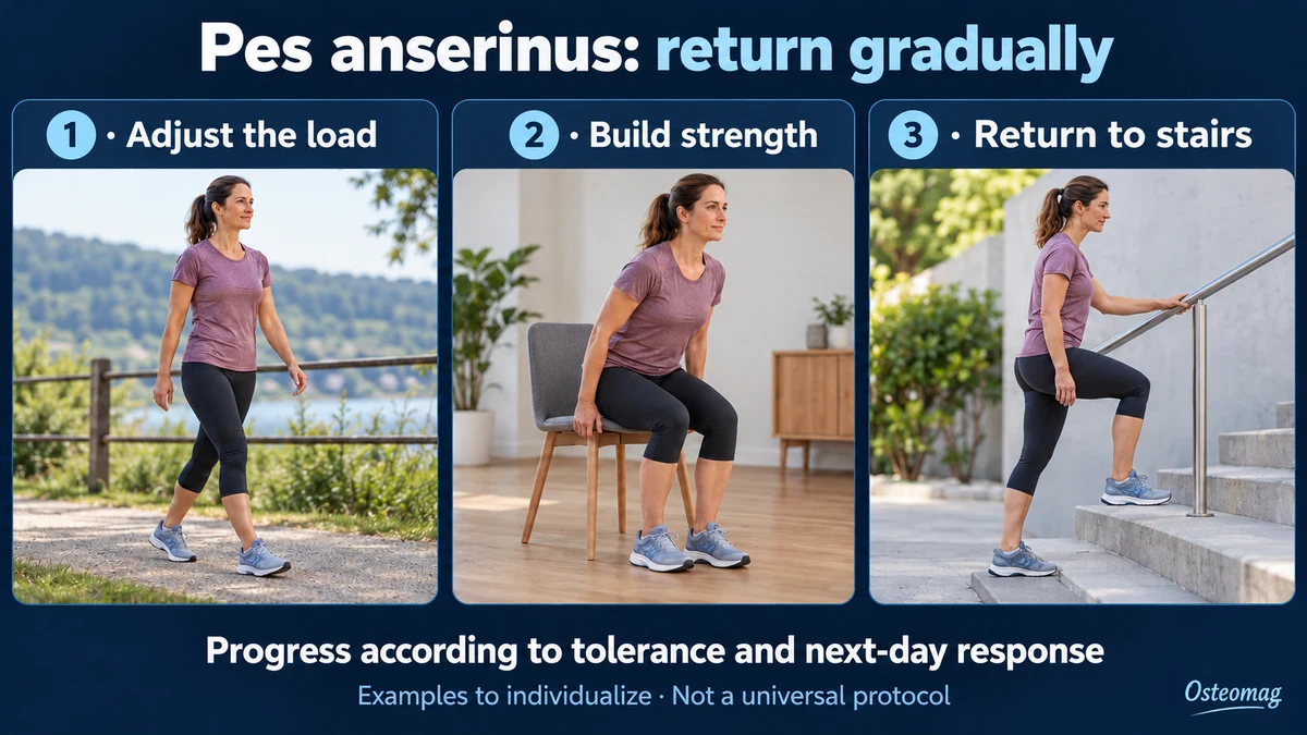 Three examples of gradual return: walking, rising from a chair and stairs with a handrail.