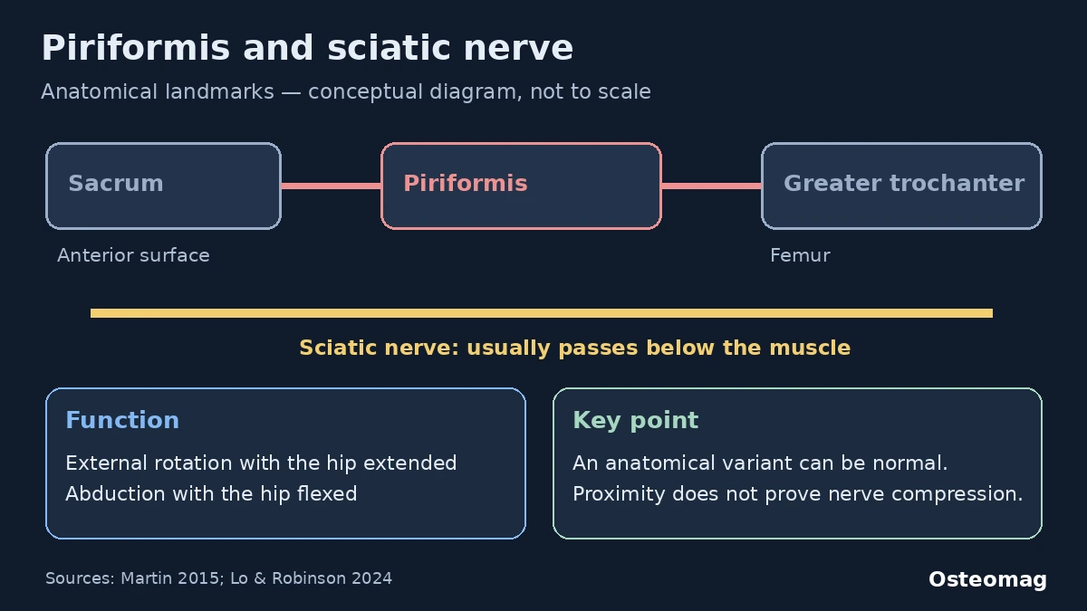 Conceptual diagram of piriformis attachments and the usual sciatic nerve course below the muscle