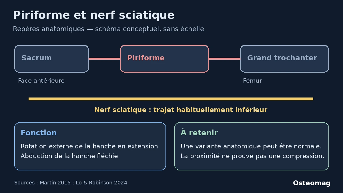 Schéma conceptuel des attaches du piriforme et du trajet habituellement inférieur du nerf sciatique