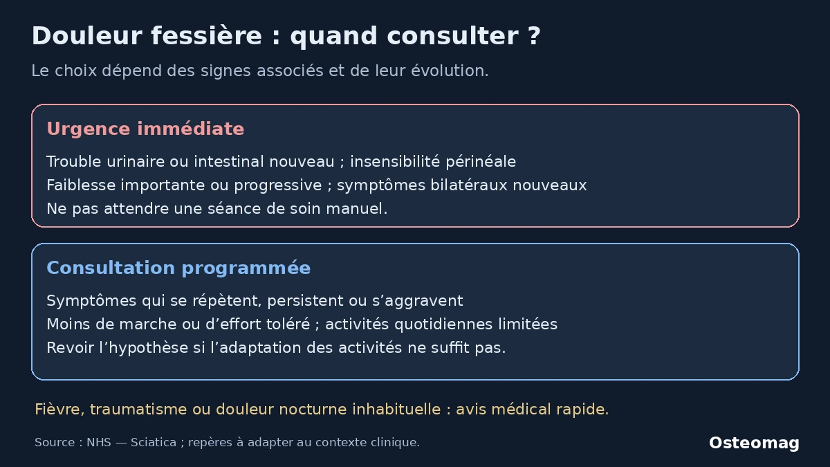 Critères de consultation urgente et programmée pour une douleur fessière avec ou sans symptômes nerveux